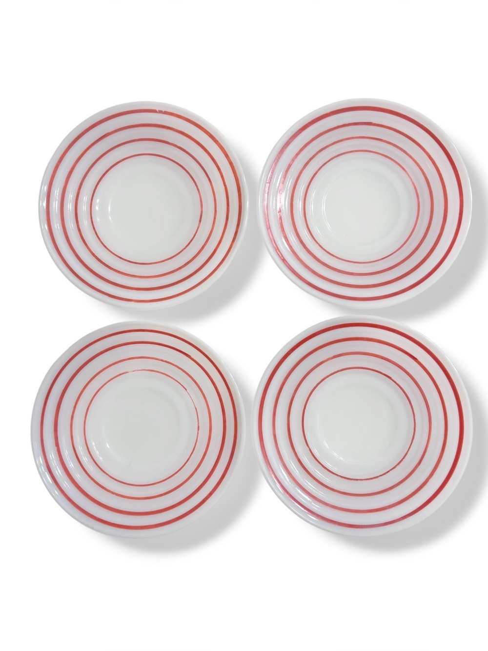 HAZEL ATLAS Red Striped Platonite Milk Glass Plates 5 7/8” Set of 4 VINTAGE MCM